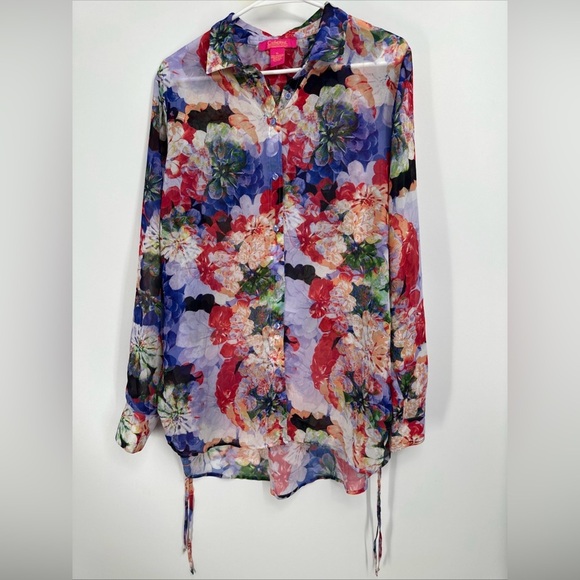 Catherine Malandrino Top Floral Collared Semi Sheer Shirt Sz XL Ruched Sides - Picture 1 of 4